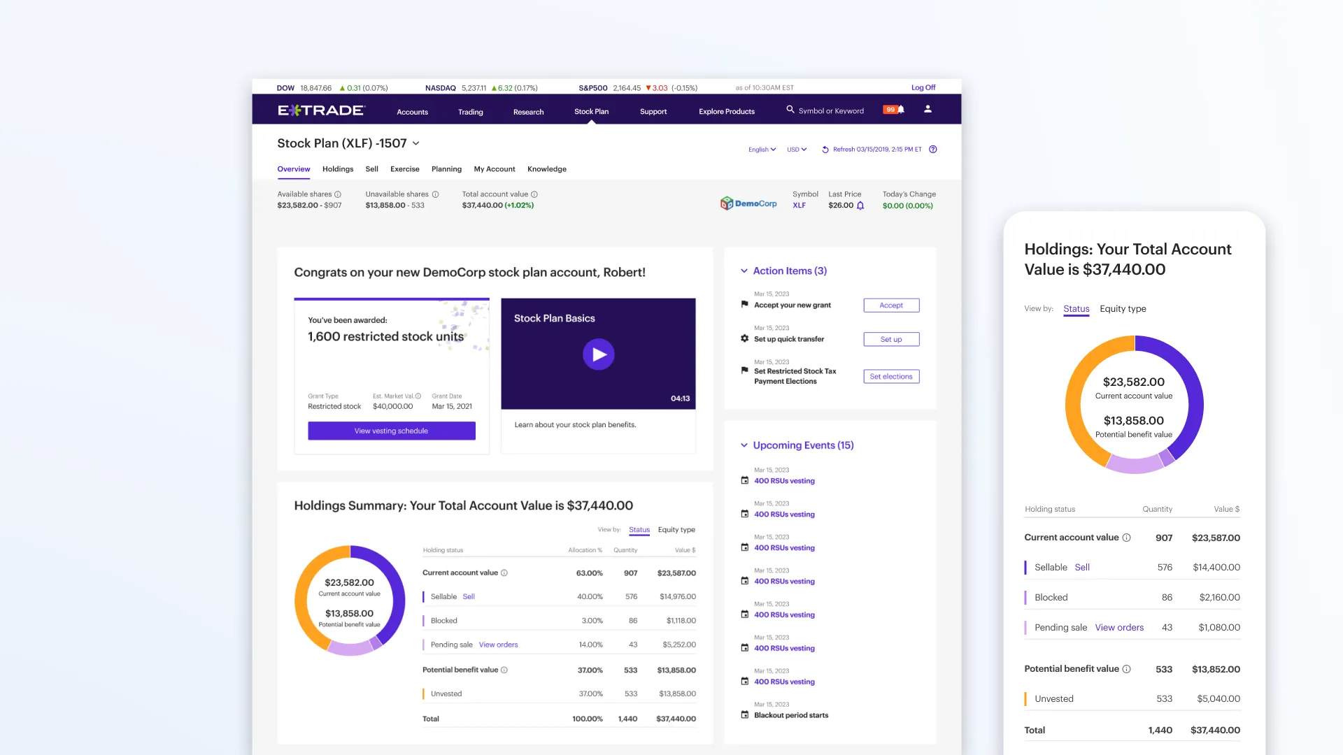 Stock Plan Homepage screen